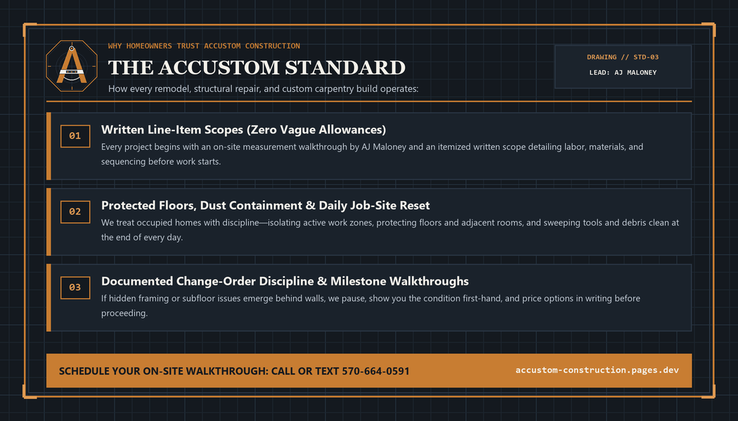 Accustom Construction Business Card Back Proof — The Accustom Standard: Written Line-Item Scopes, Protected Floors & Daily Job-Site Reset, Documented Change-Order Discipline